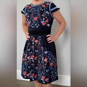 Floral Embroidered Navy Foxiedox Fit-n-flare Dress